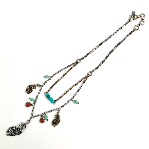🎉HP🎉 LUCKY BRAND Faux Turquoise Silver Tone Feather Charm Necklace 18" NEW! - Picture 3 of 13